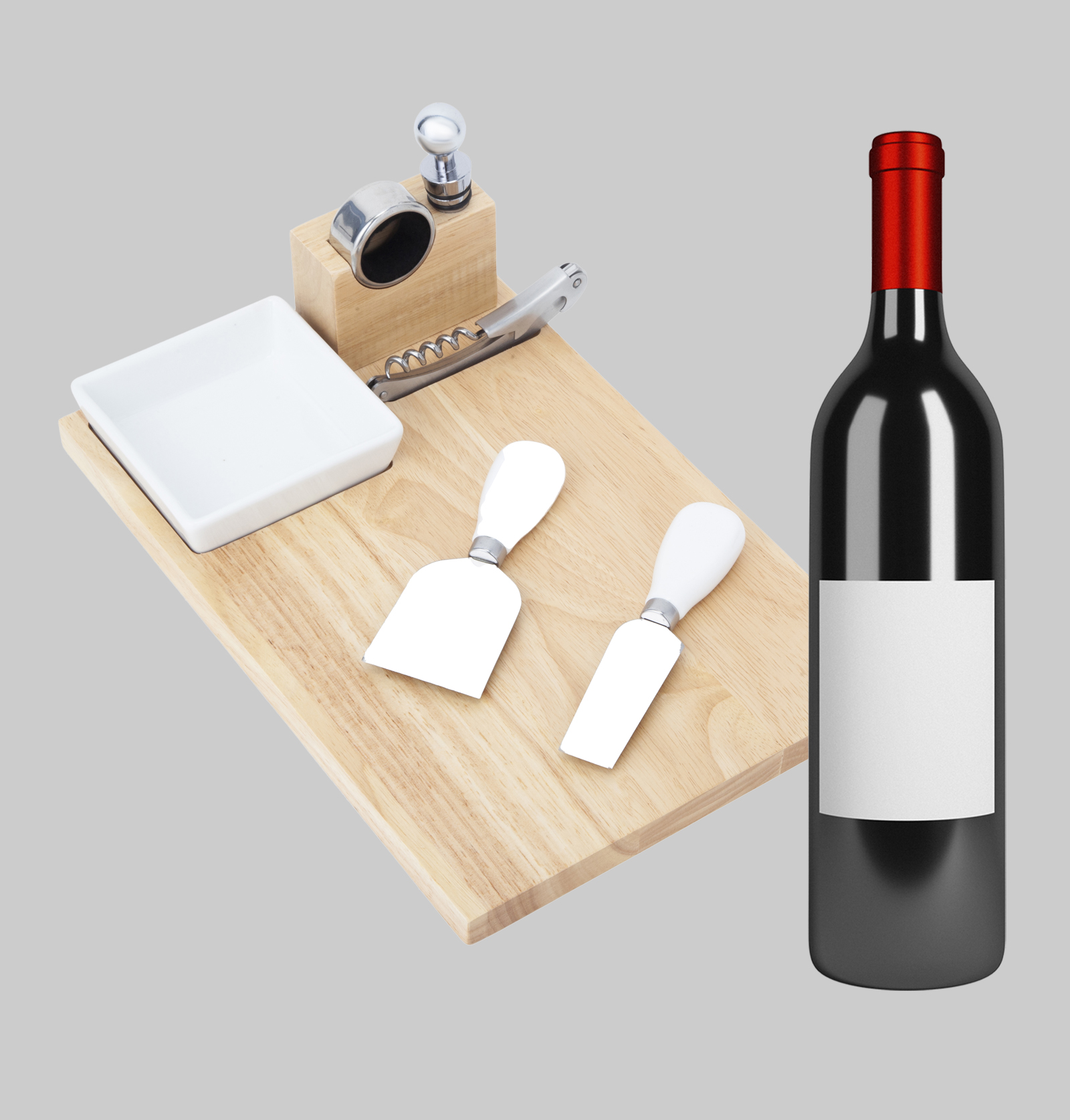 Set de vino con tabla para quesos + Botella de vino (750 ml.)