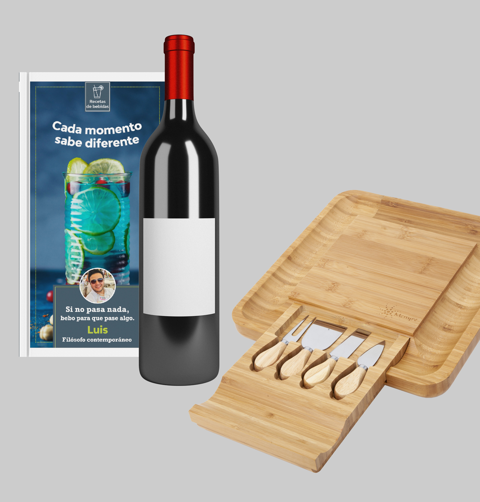 Tabla para quesos Premium + Recetario + Botella de vino (750 ml.)